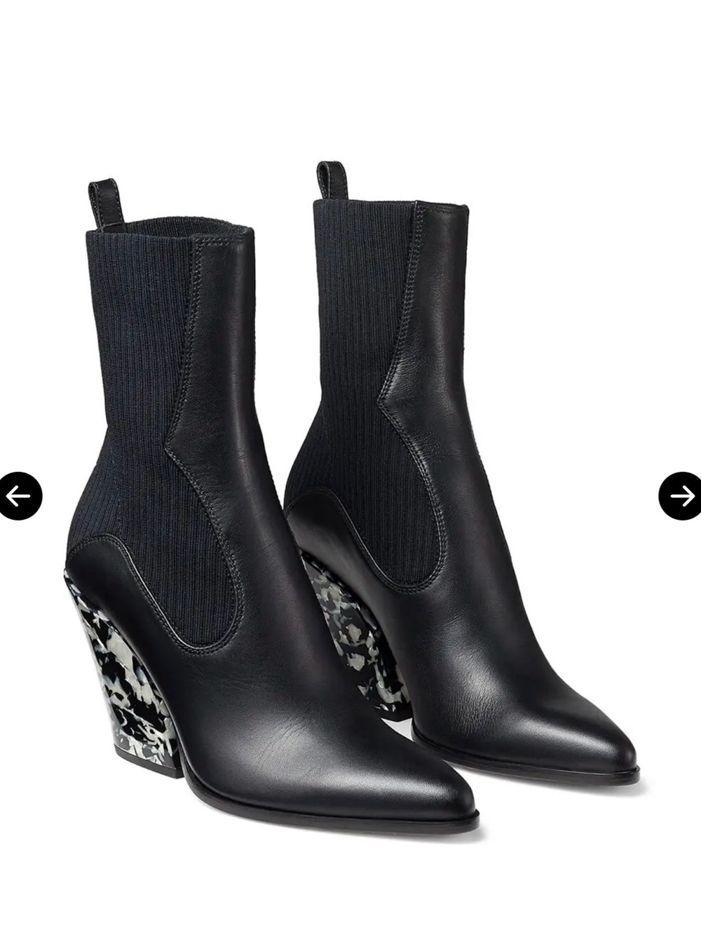 Jimmy Choo Black Leather Sock Ankle Boots with Patterned Block Heel